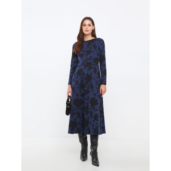 Crew Neck Floral Long Sleeve Crepe Women's Dress