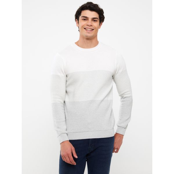 Crew Neck Long Sleeve Men's Tricot Sweater with Color Block