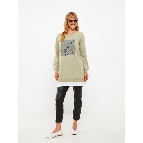 Crew Neck Printed Long Sleeve Oversize Women's Tunic