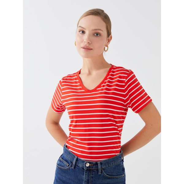 V Neck Striped Short Sleeve Women T-Shirt