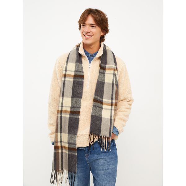 Checked Patterned Fringed Men's Scarf